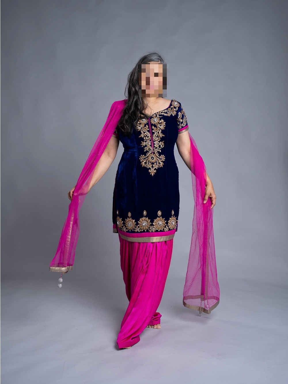 Navy Velvet Kurta with Fuchsia Patiala Pants